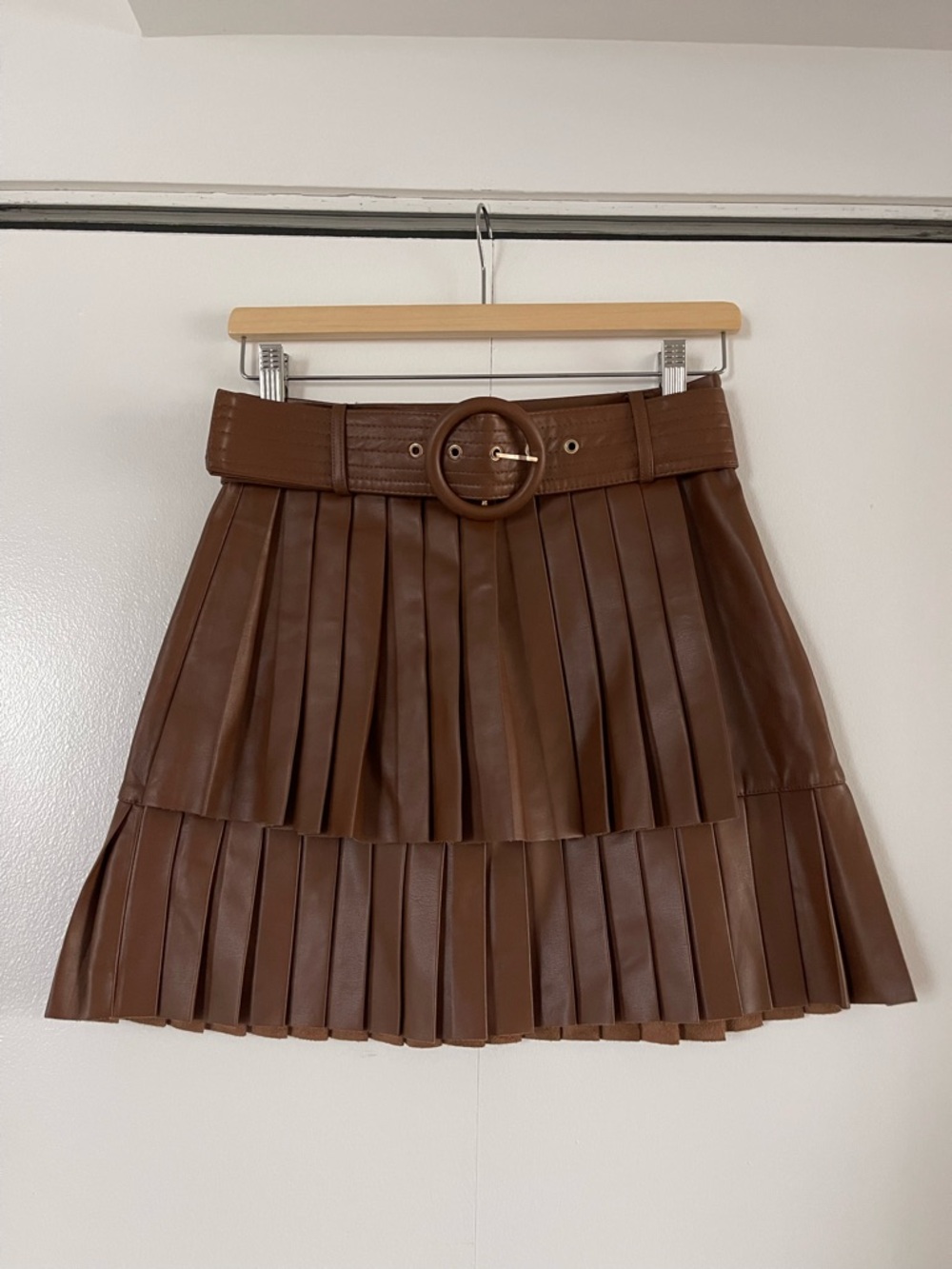 ZARA Pleated Faux Leather Mini Skirt with Belt - Brown